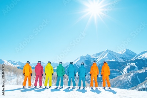 Obraz na płótnie Seven brightly dressed skiers line up under sunny sky w salonie