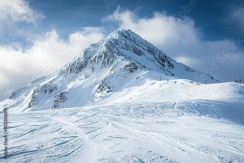 Snowy mountain peak with ski tracks under blue sky