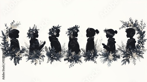 Design black silhouette illustrations of cute Christmas Wreath in various activities ,with bold lines and simple design, placed on a white background 