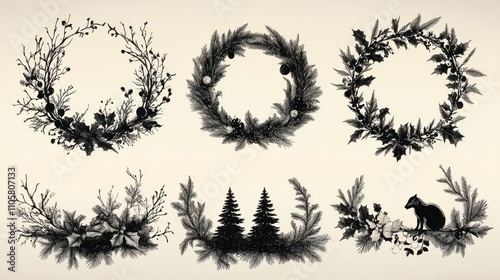 Design black silhouette illustrations of cute Christmas Wreath in various activities ,with bold lines and simple design, placed on a white background 