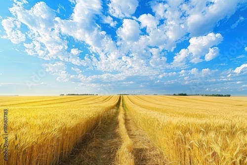 Vast wheat field under a blue sky with fluffy clouds