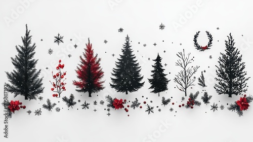 Design black silhouette illustrations of cute Christmas Wreath in various activities ,with bold lines and simple design, placed on a white background 