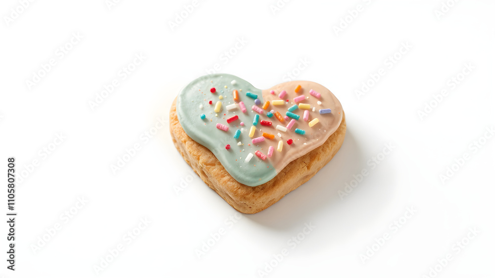 A heart-shaped cookie with colorful icing and sprinkles, isolated on white A heart-shaped cookie with colorful icing and sprinkles, isolated on white
