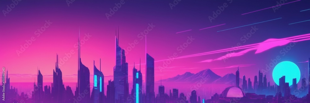 a futuristic cityscape with a vibrant color palette. The skyline is filled with tall, sleek skyscrapers that have a modern and stylized design. The colors are predominantly shades of pink, purple a futuristic cityscape with a vibrant color palette. The skyline is filled with tall, sleek skyscrapers that have a modern and stylized design. The colors are predominantly shades of pink, purple
