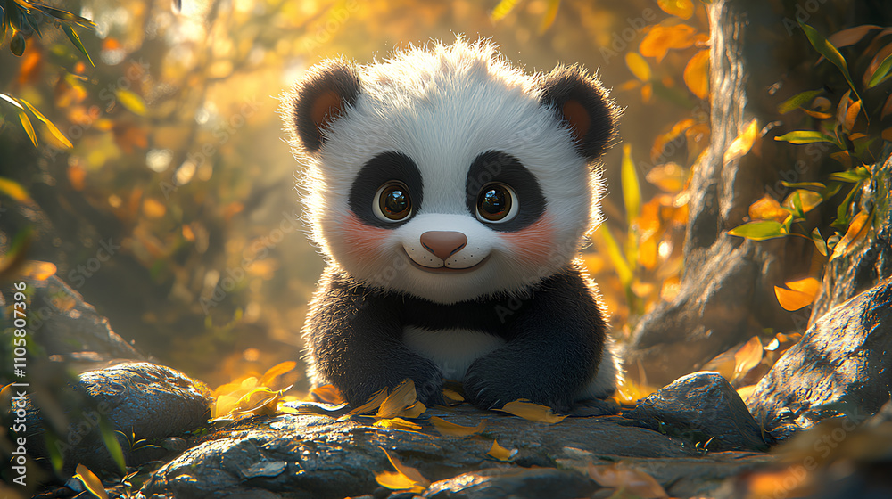 Fototapeta premium A cute panda sits among autumn leaves, radiating charm and innocence in a serene forest setting.