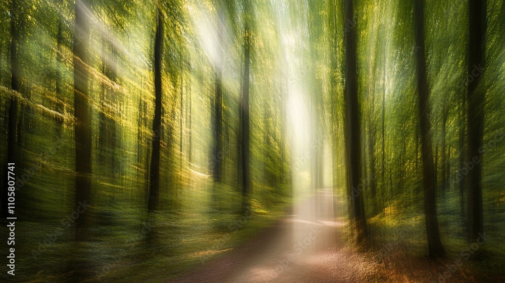 Naklejka premium Blurred green forest pathway bathed in sunlight.