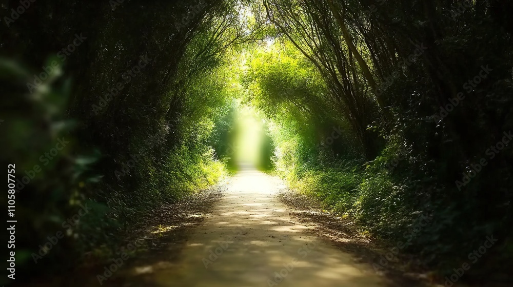 Sunlit path through natural green archway Sunlit path through natural green archway