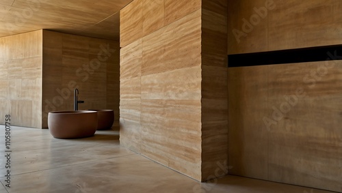 Compact layers of natural earth tones create a rammed earth wall with a fine grain surface.