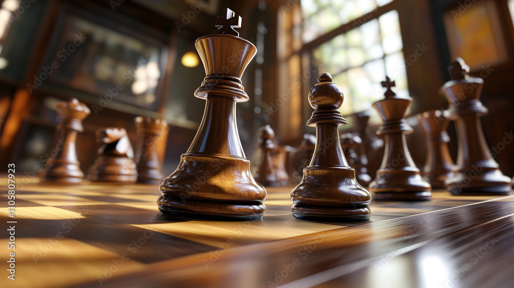 Chess Pieces on Wooden Board in Sunlit Room Chess Pieces on Wooden Board in Sunlit Room