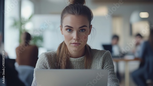 An American female employee focused on her work using a laptop, showcasing modern workplace culture, professionalism, and dedication in an office or remote work setting.