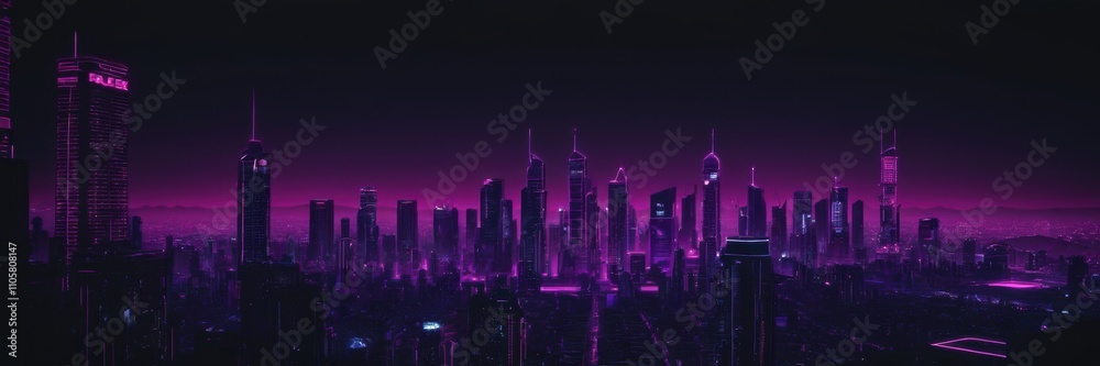 Fototapeta premium a digital artwork of a city skyline at night, featuring a futuristic and cyberpunk aesthetic. The skyline is composed of numerous skyscrapers with a variety of shapes and heights