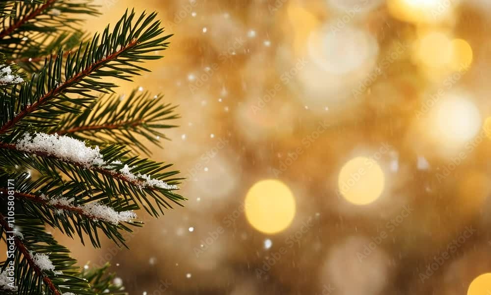 Snow gently rests on pine branches while soft golden lights twinkle in a peaceful winter setting, creating a warm and festive ambiance Snow gently rests on pine branches while soft golden lights twinkle in a peaceful winter setting, creating a warm and festive ambiance