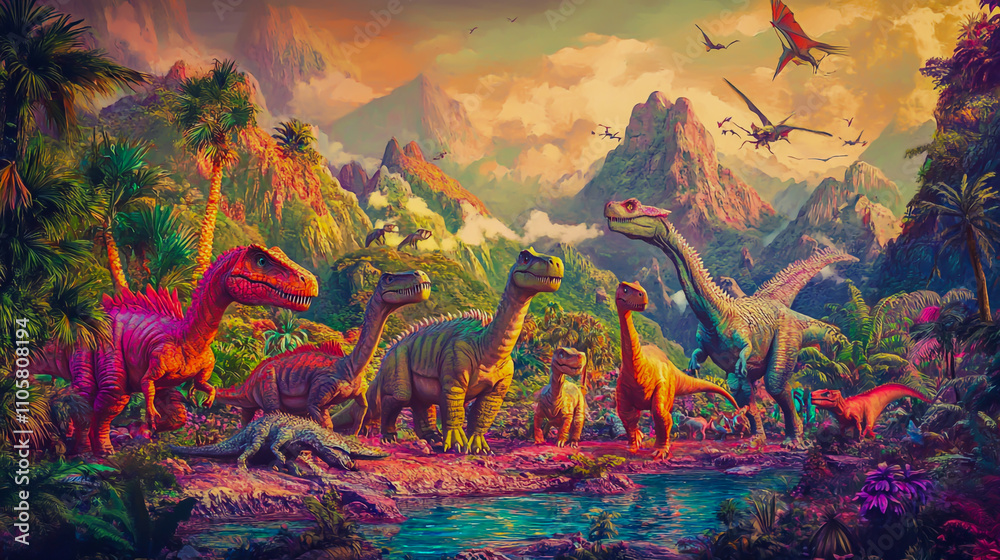 A lively, colorful parade of various dinosaurs marching through a prehistoric landscape A lively, colorful parade of various dinosaurs marching through a prehistoric landscape