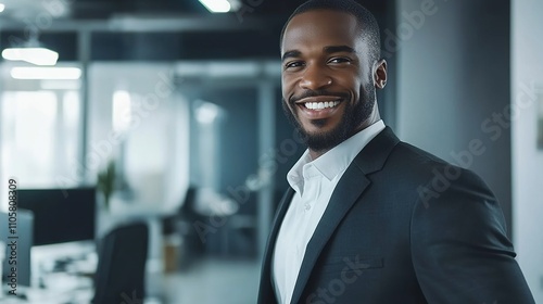 A Confident and Approachable Salesman in a Suit Smiling Enthusiastically in a Modern Office Environment, Exuding Professionalism and Friendliness. This Abstract Marketing Background is Perfect for Bus