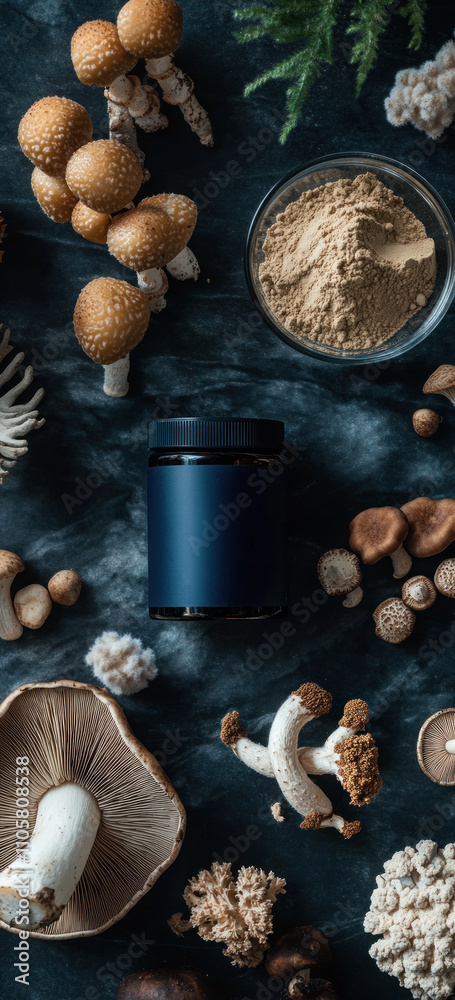 Mushrooms with vibrant powder art on dark background