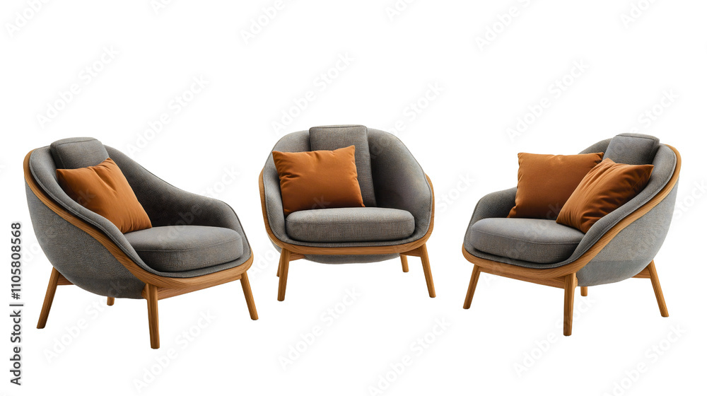 Naklejka premium Isolated modern lounge chair with wooden frame and comfortable fabric seat, perfect for relaxation and stylish home decor