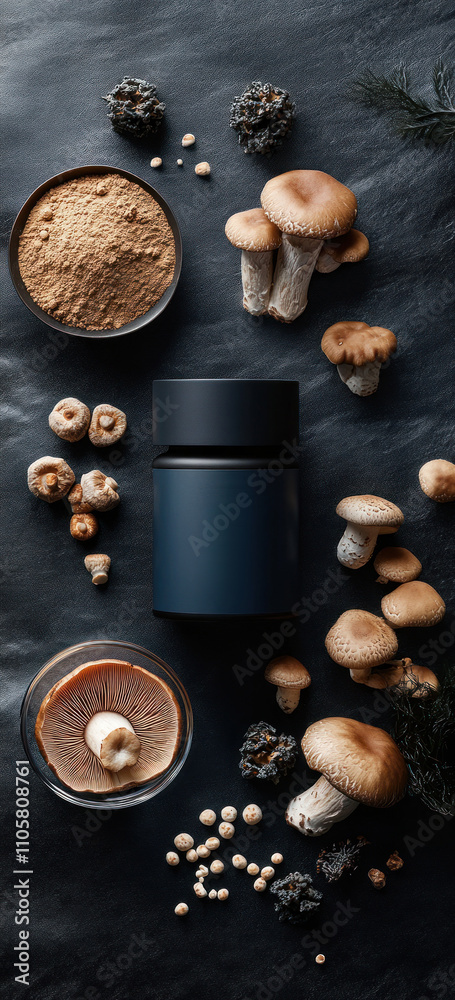 Array of mushrooms with mineral powders on stone base Array of mushrooms with mineral powders on stone base