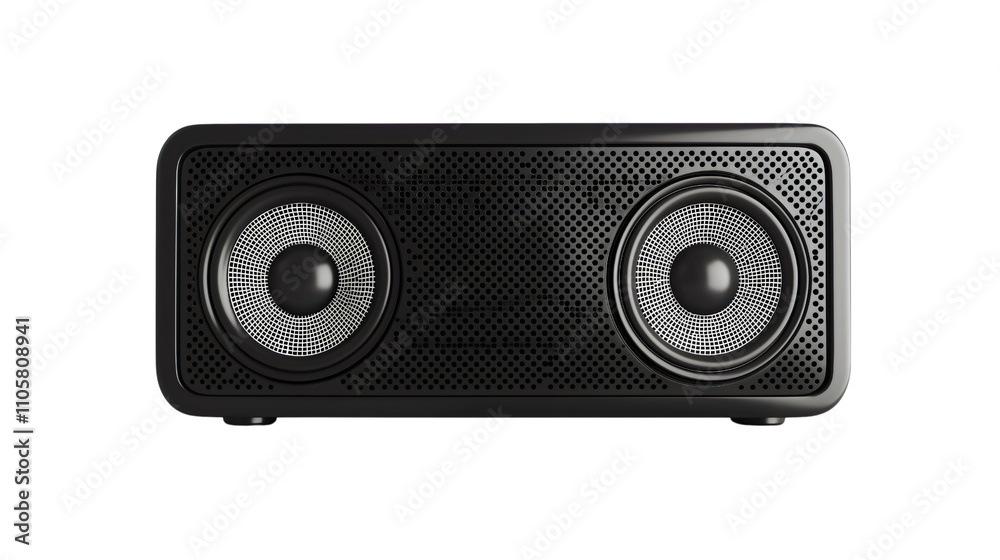 Portable wireless Bluetooth speaker with modern design, black color, and electronic controls on white background for music and audio entertainment Portable wireless Bluetooth speaker with modern design, black color, and electronic controls on white background for music and audio entertainment