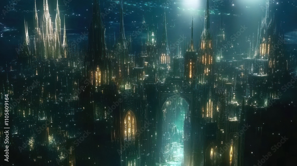 Futuristic Gothic Cityscape Illuminated At Night Futuristic Gothic Cityscape Illuminated At Night