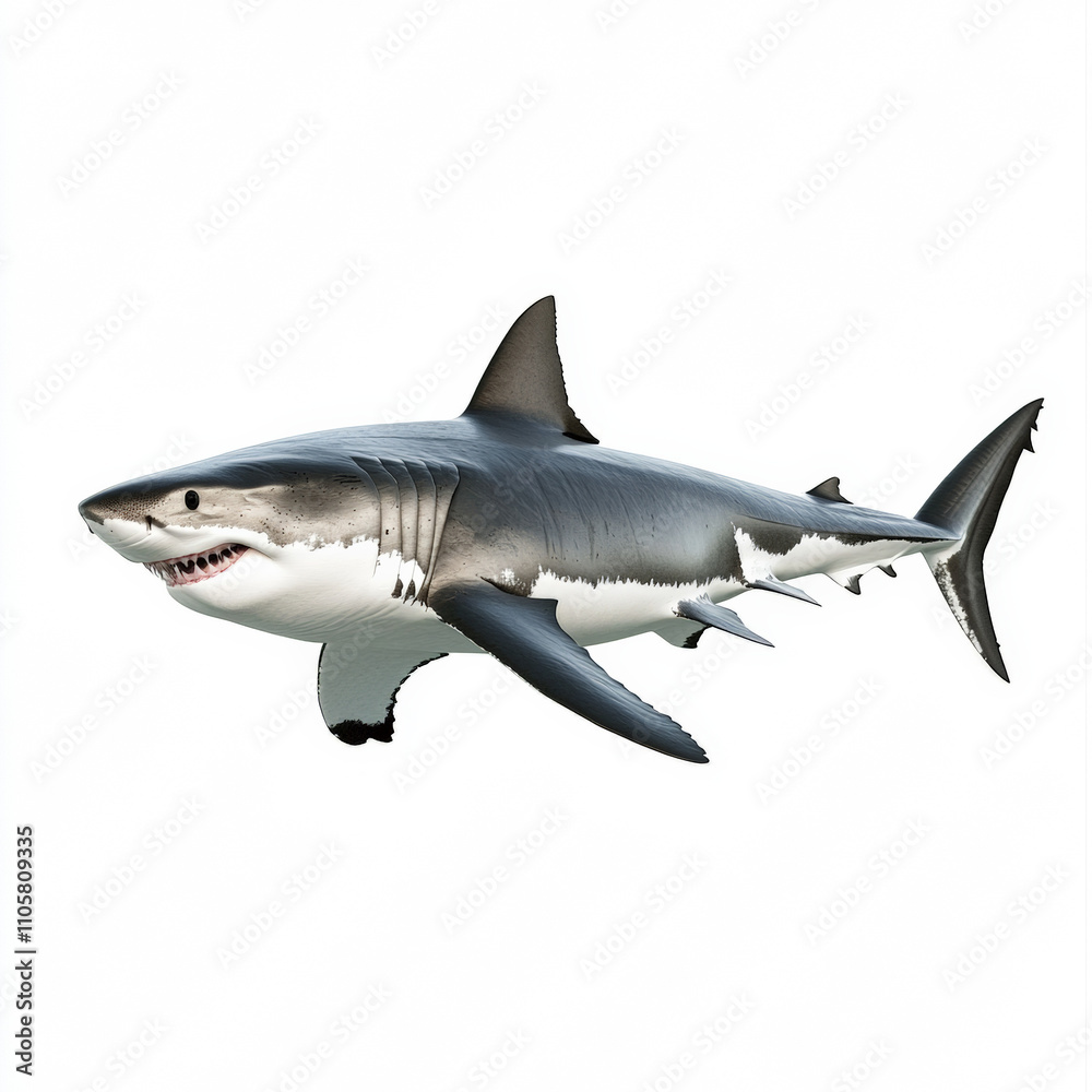 A scientific-style photograph of a great white shark in a lateral view, set against a pure white background. A scientific-style photograph of a great white shark in a lateral view, set against a pure white background.
