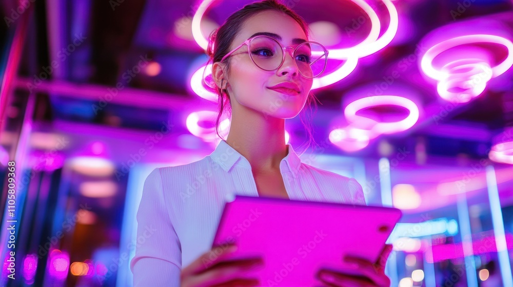 Woman in futuristic environment holding digital tablet
