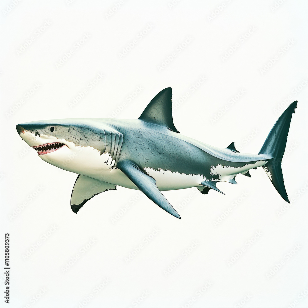 Naklejka premium A scientific-style photograph of a great white shark in a lateral view, set against a pure white background. 