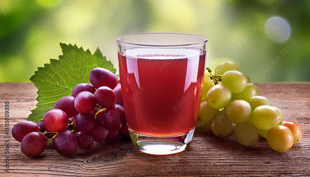 Tasty juice in glass, fresh grapes and leaf on wood Tasty juice in glass, fresh grapes and leaf on wood
