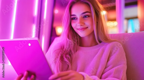 Relaxed woman with tablet by vibrant neon lights