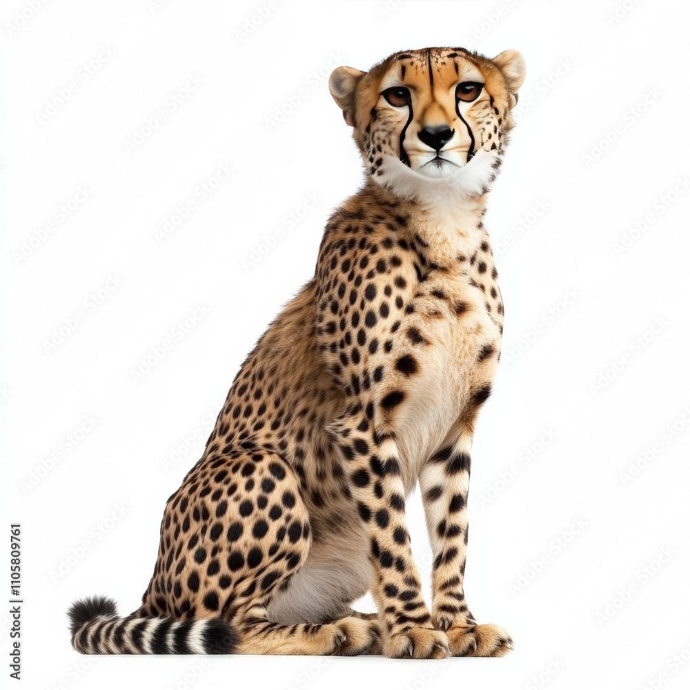 Cheetah looking straight ahead, sitting, looking powerful, white background 