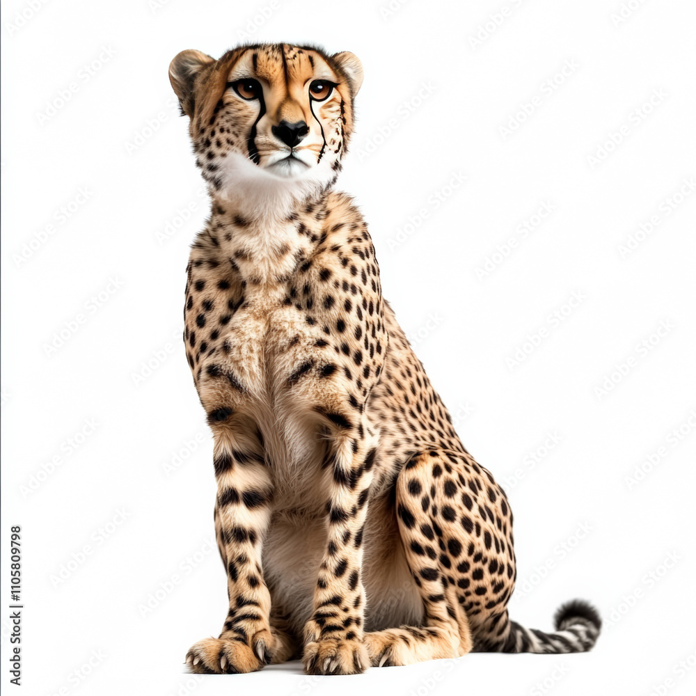 Cheetah looking straight ahead, sitting, looking powerful, white background Cheetah looking straight ahead, sitting, looking powerful, white background