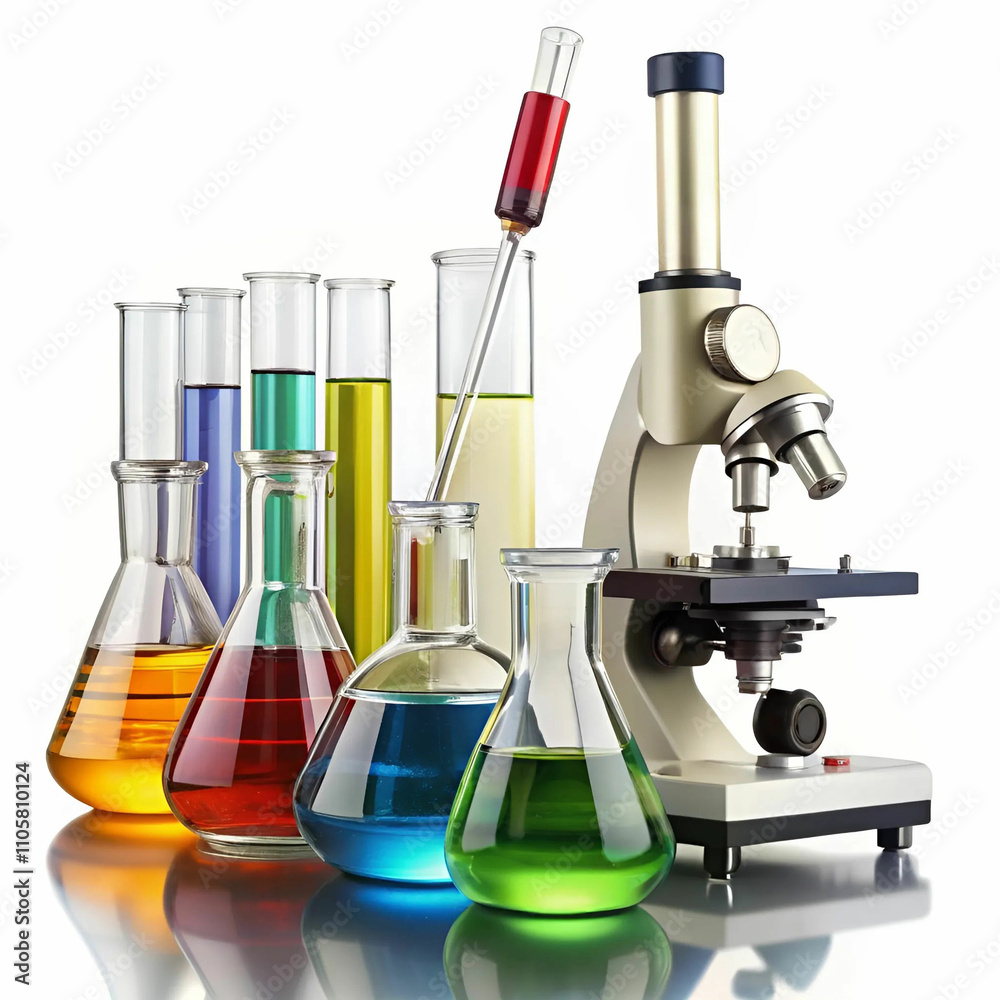 A collection of science equipment, including beakers, test tubes, microscopes, flasks, A collection of science equipment, including beakers, test tubes, microscopes, flasks,