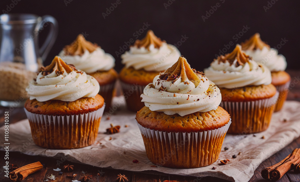 Row of cupcakes with frosting on top. There are six cupcakes in total. The frosting is white and the cupcakes are brown Row of cupcakes with frosting on top. There are six cupcakes in total. The frosting is white and the cupcakes are brown