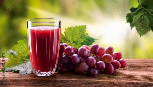 Tasty juice in glass, fresh grapes and leaf on wood