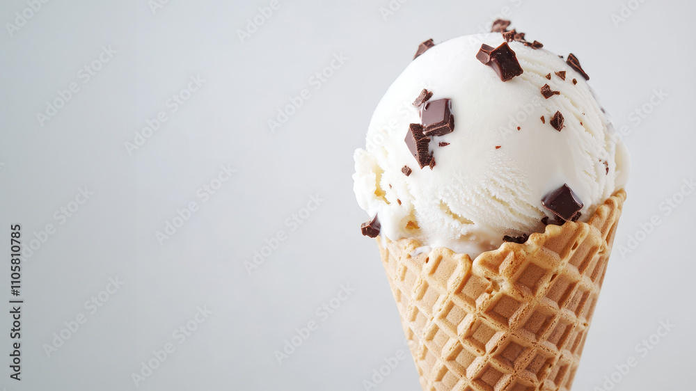 Delicious scoop of vanilla ice cream with chocolate chunks in a cone Delicious scoop of vanilla ice cream with chocolate chunks in a cone