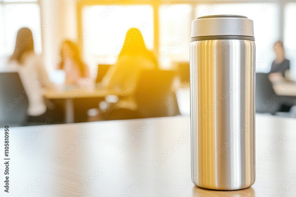 Shiny insulated container in bright office setting Shiny insulated container in bright office setting