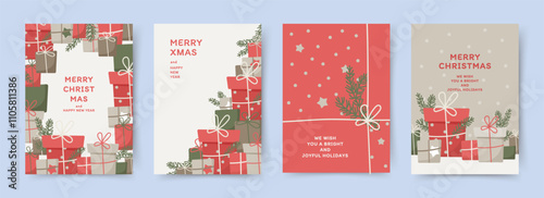 Merry Christmas and Happy New Year greeting card Set. Xmas cute background with Christmas tree branches, gifts and snow pattern. Holiday vector templates for banner, invitation, poster, advertising