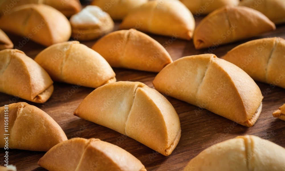 a collection of freshly baked bread rolls arranged on a wooden surface. The rolls are shaped like small, rounded triangles with a golden-brown crust a collection of freshly baked bread rolls arranged on a wooden surface. The rolls are shaped like small, rounded triangles with a golden-brown crust