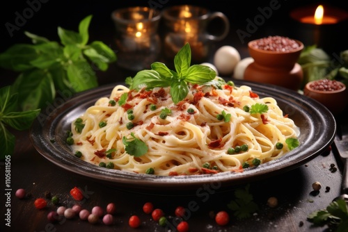 Delicious Spaghetti Carbonara Bacon, Parmesan, Pasta Dish photo