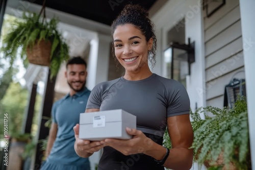 A fit woman in athletic wear smiles as she holds a package on her doorstep, emphasizing the joy of receiving deliveries in a health-conscious lifestyle. photo