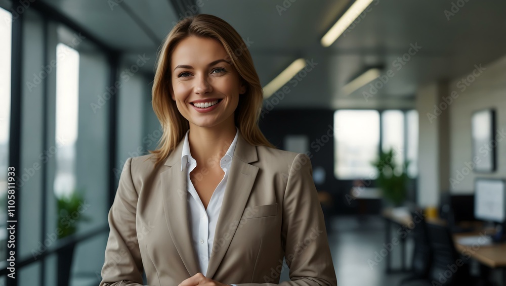 Fototapeta premium Confident businesswoman smiling in a modern office.