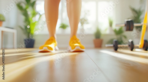 Vibrant home gym with sunlight on wooden floor.