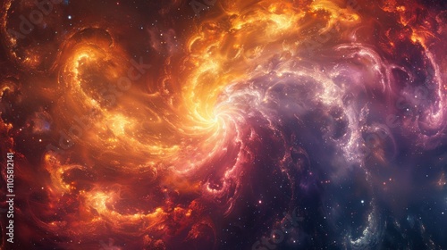 Fiery cosmic nebula swirling in space.