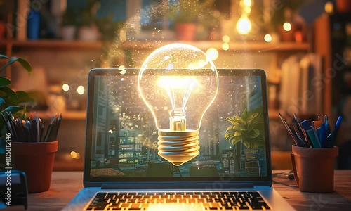 Innovation bursts forth as a glowing light bulb emerges from a laptop, symbolizing creativity in a cozy workspace filled with inspiration and warmth.