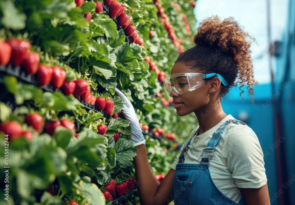 Woman tending to strawberries in an indoor farm setting Woman tending to strawberries in an indoor farm setting