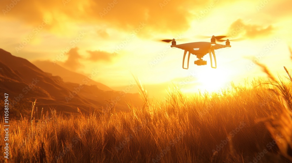 Aerial Perspective of a Drone Flying Over Tall Grass at Sunset with Dramatic Clouds and Warm Golden Light in Nature's Serene Landscape Aerial Perspective of a Drone Flying Over Tall Grass at Sunset with Dramatic Clouds and Warm Golden Light in Nature's Serene Landscape