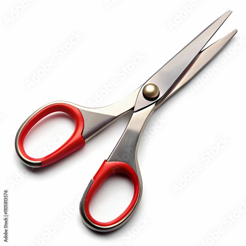 A pair of scissors with sharp metal blades and ergonomic handles,