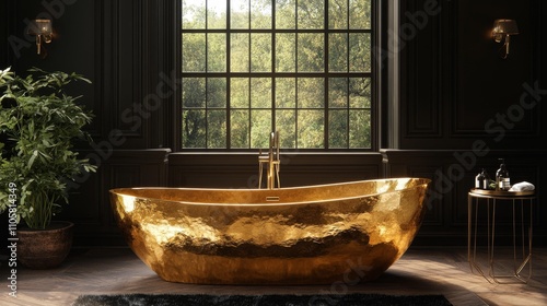 Luxurious Gold Bathtub in Dark Interior. Generative AI photo