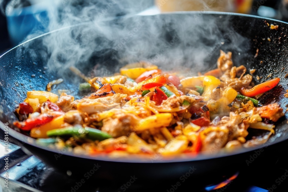 Stir-fried vegetables and meat cooking in hot skillet Stir-fried vegetables and meat cooking in hot skillet