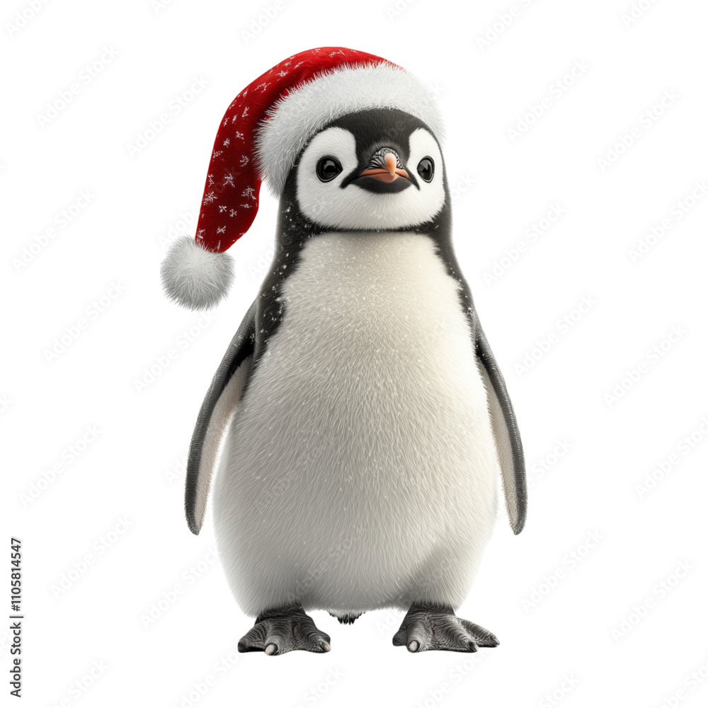 Fototapeta premium Adorable penguin in Santa hat on transparent background