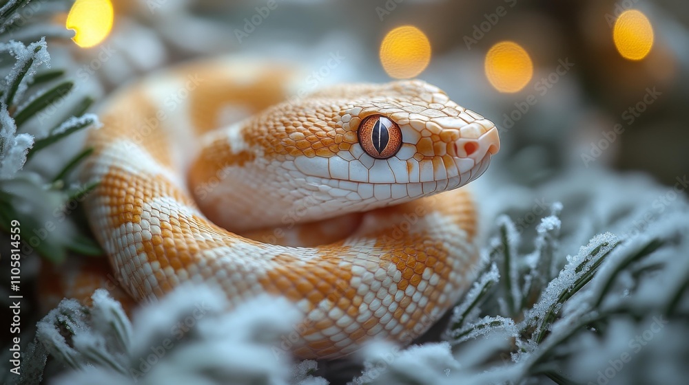 Fototapeta premium Albino Python in Snowy Holiday Setting. Generative AI